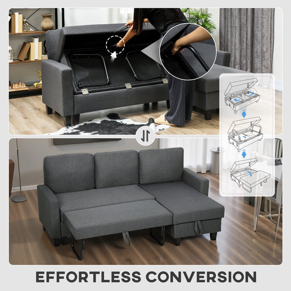 L-shaped sofa bed with pull-out trundle, reversible chaise with storage, wide and deep seating, charcoal grey