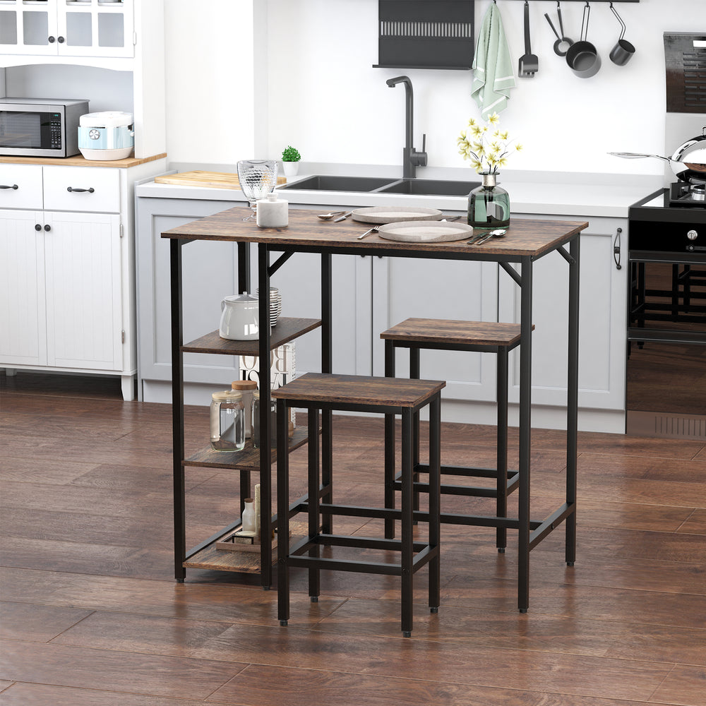 Industrial style kitchen table and chairs set for 2 people, including a bar table and stools, rustic brown.