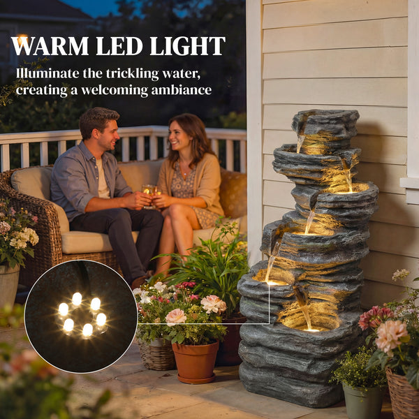 6-Tier Outdoor Fountain with LED Lighting, Resin with Pump, Grey