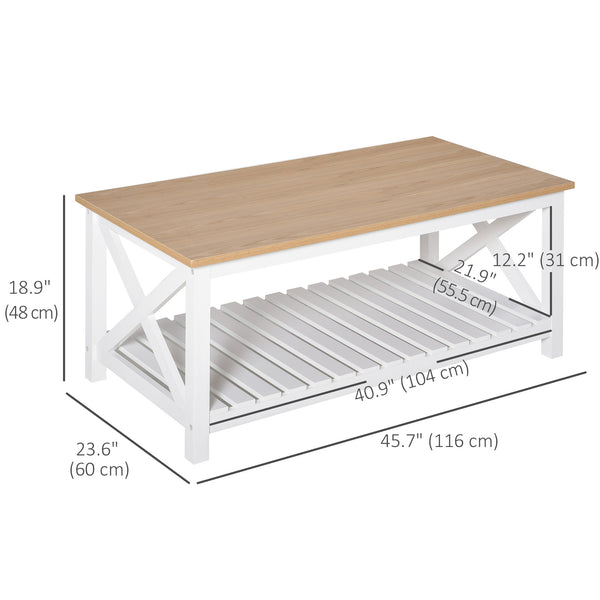 Country style coffee table with slatted lower shelf, natural white