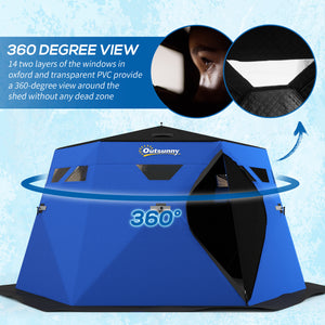 Insulated ice fishing shelter for 4 people, portable and foldable with carry bag and two doors, for temperatures down to -30°C, blue
