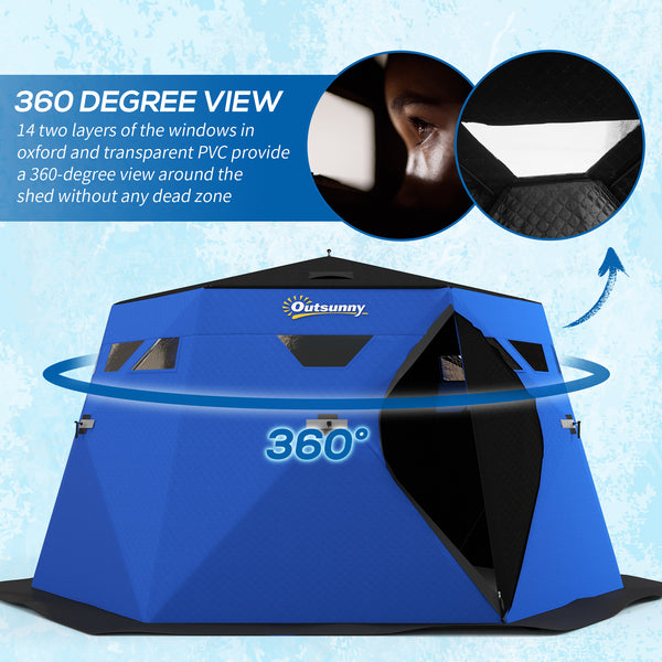 Insulated ice fishing shelter for 4 people, portable and foldable with carry bag and two doors, for temperatures down to -30°C, blue