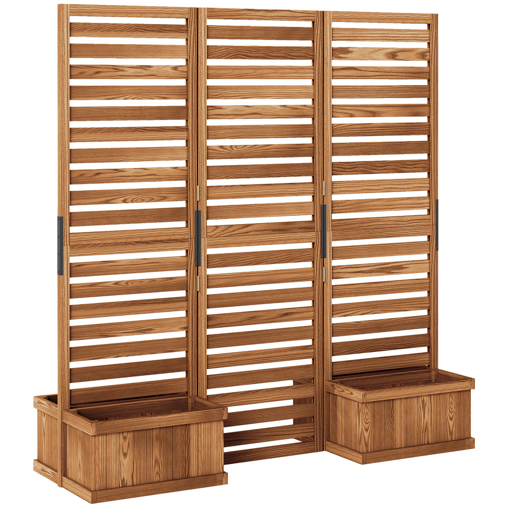 Outdoor Wooden Dividing Screen with 4 Planters, 3-Panel Raised Bed, Drainage Holes, Natural Color