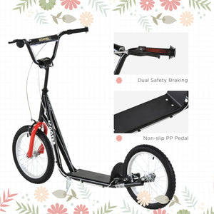 Scooter with 16-inch inflatable wheels and double brakes, black