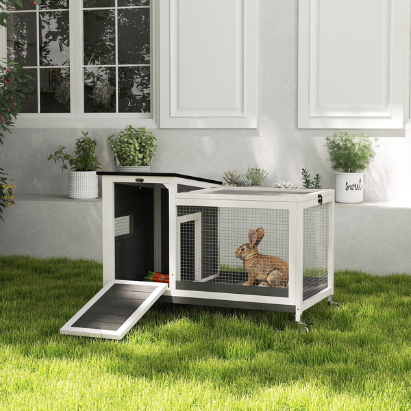 Wooden hutch with removable tray and asphalt lift-up roof, grey