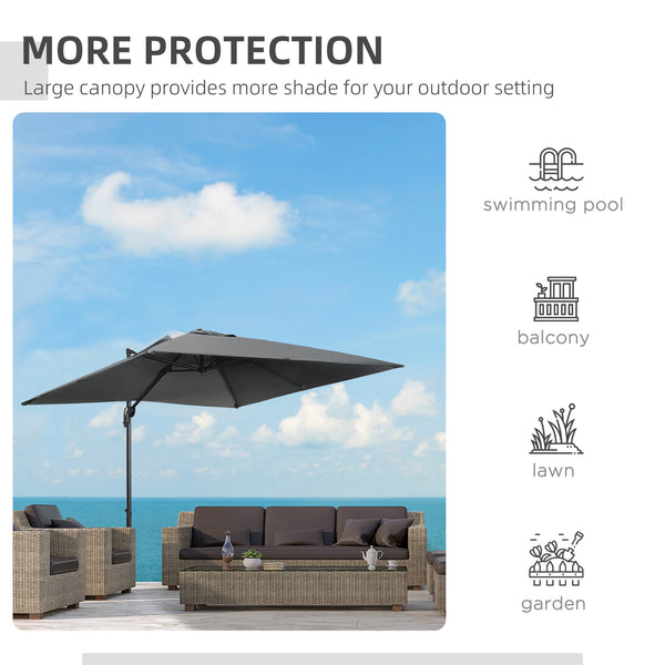 9ft Cantilever Patio Umbrella, Square Overhanging Umbrella with Cross Base, Crank Handle, Tilt, 360° Rotation and Aluminum Frame, Dark Gray