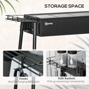 Charcoal barbecue with side spice baskets, hooks and nets, black