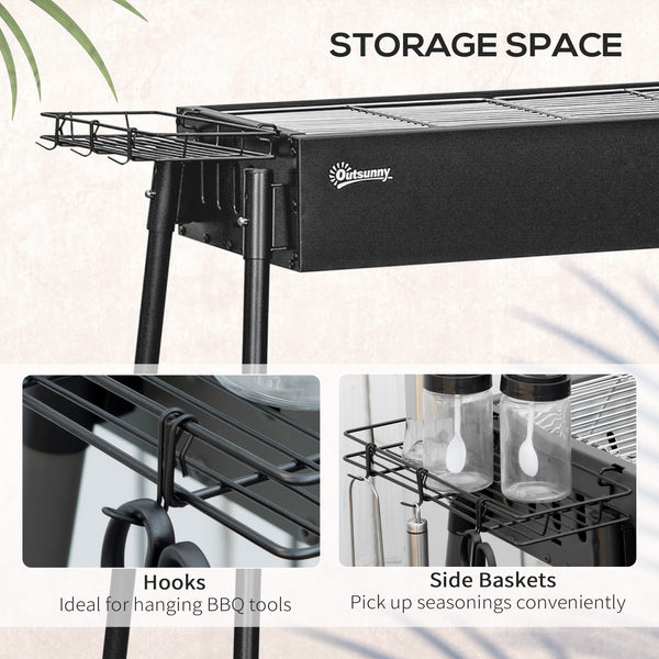 Charcoal barbecue with side spice baskets, hooks and nets, black