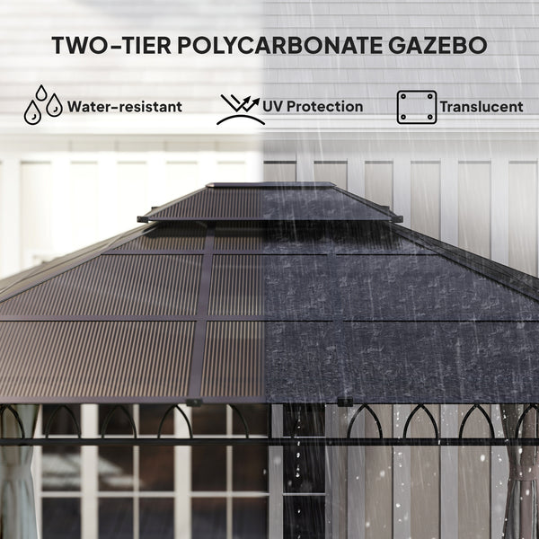 10' x 12' gazebo with double rigid roof, polycarbonate roof, steel frame, mosquito netting and curtains