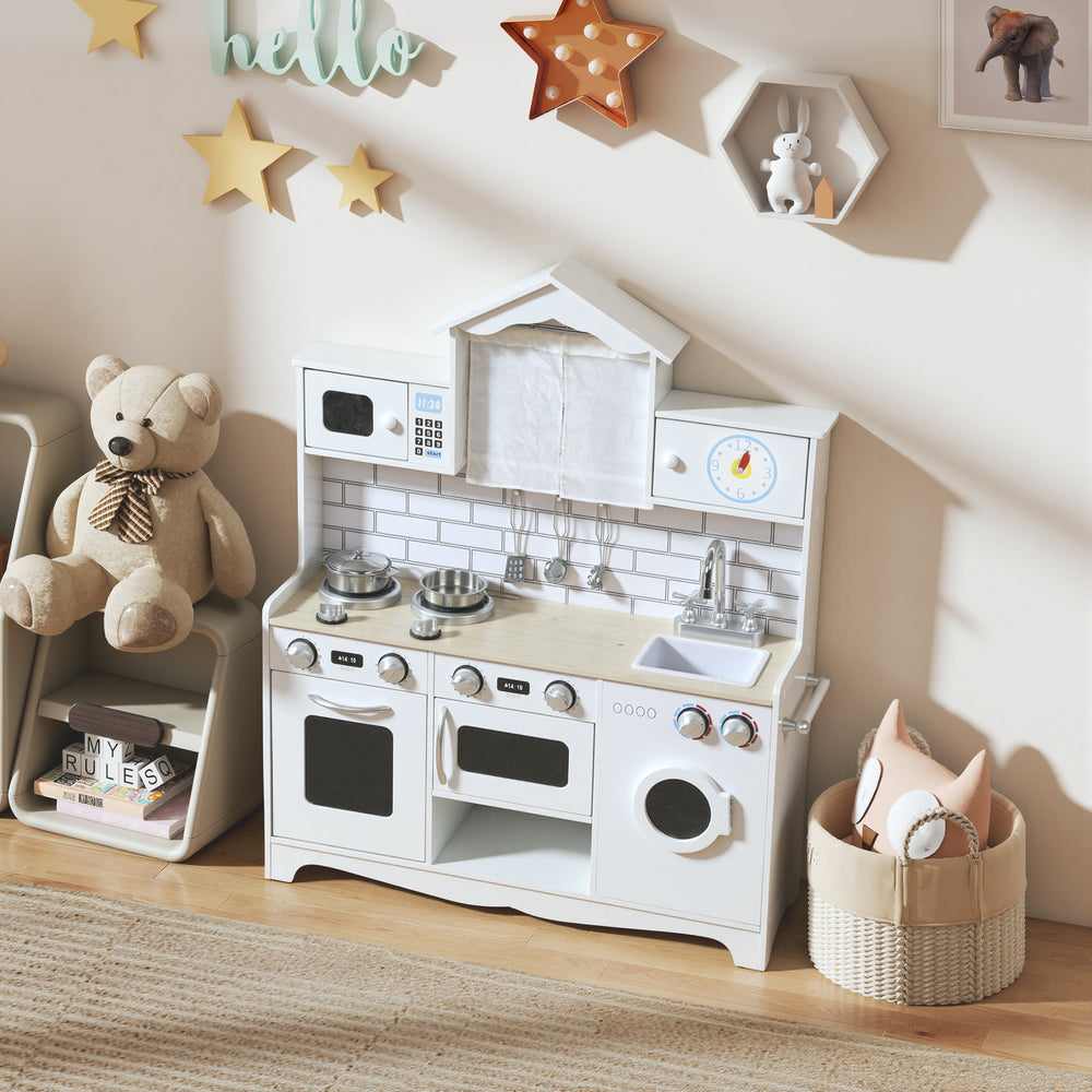 Children's kitchen with sound button and clock, white