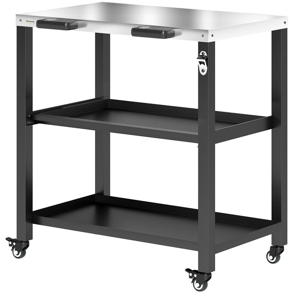 Outdoor kitchen trolley with stainless steel top, 2 shelves with lockable wheels