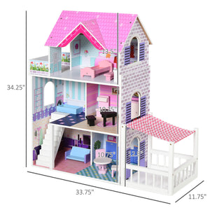 2.9ft Kids Wooden Dollhouse with Furniture, Pink