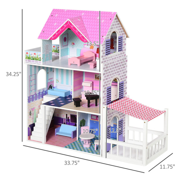2.9ft Kids Wooden Dollhouse with Furniture, Pink