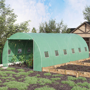 Green garden tunnel greenhouse with windows and door