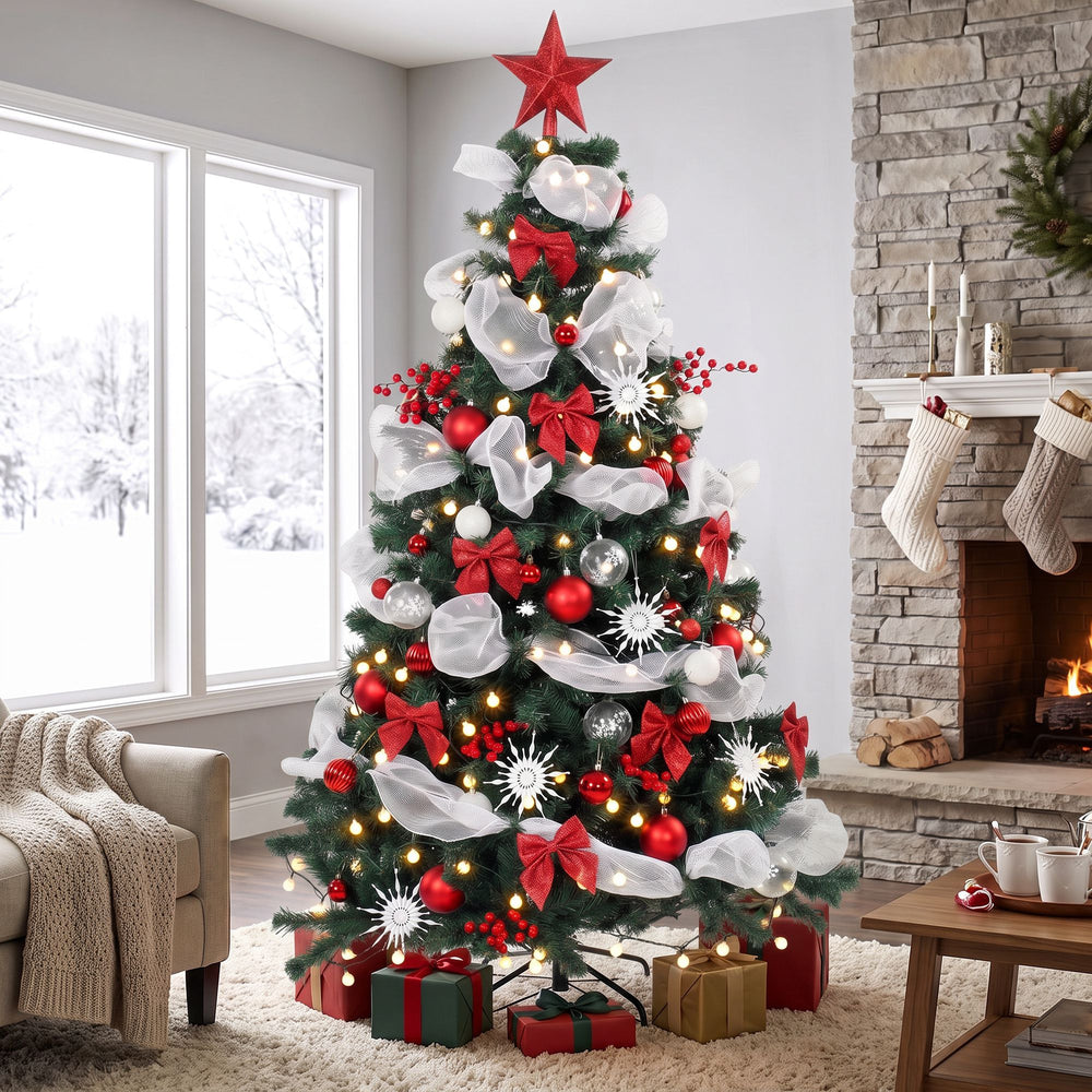 6 ft. Pre-lit Christmas Tree with 200 LED Lights and Red and White Decorations