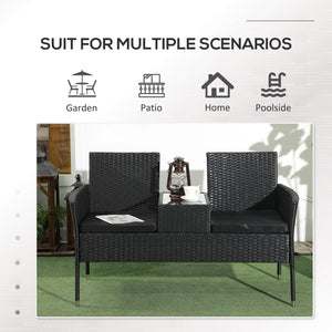 Patio furniture with coffee table and two-seater sofa in PE rattan with cushion, black
