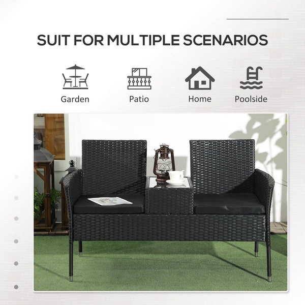 Patio furniture with coffee table and two-seater sofa in PE rattan with cushion, black