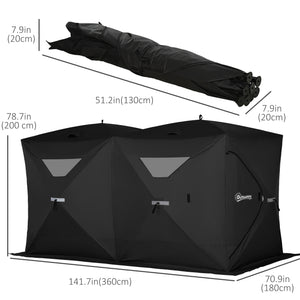Portable ice fishing shelter for 5 to 8 people, black.