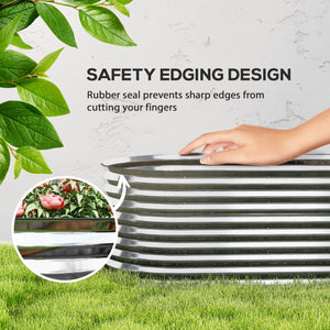 Jardinière ovale surélevée galvanisée avec bordure de sécurité et gants inclus, couleur argent.