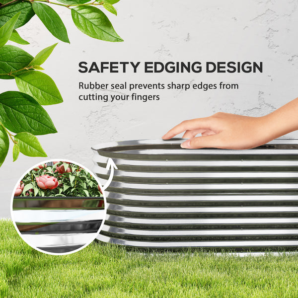 Jardinière ovale surélevée galvanisée avec bordure de sécurité et gants inclus, couleur argent.