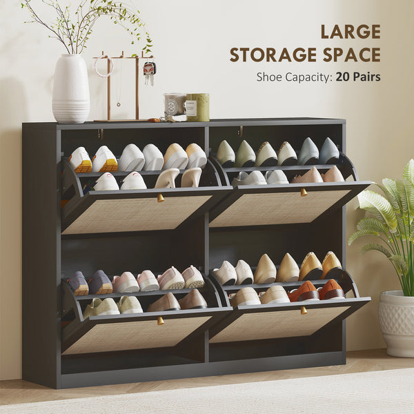 Rattan shoe cabinet with 4 drop-down drawers and adjustable shelves for 20 pairs, black