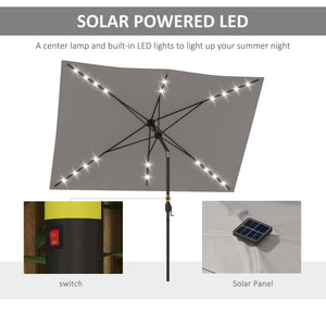 9.7-foot aluminum parasol with solar LED lighting and crank handle, light gray