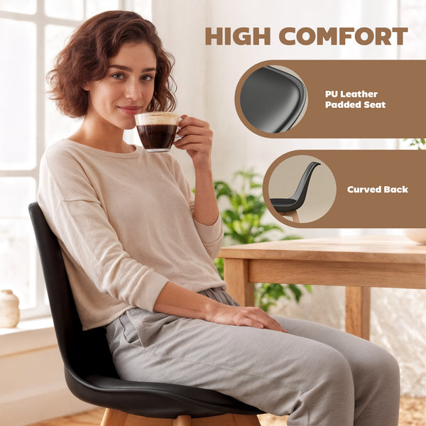 Set of 6 modern rubberwood dining chairs with PU leather cushions - Black