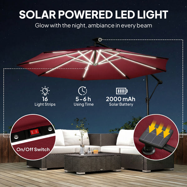 3m Cantilever Parasol with Solar LED Lighting, 360° Rotation, Tilt and Protective Cover, Burgundy