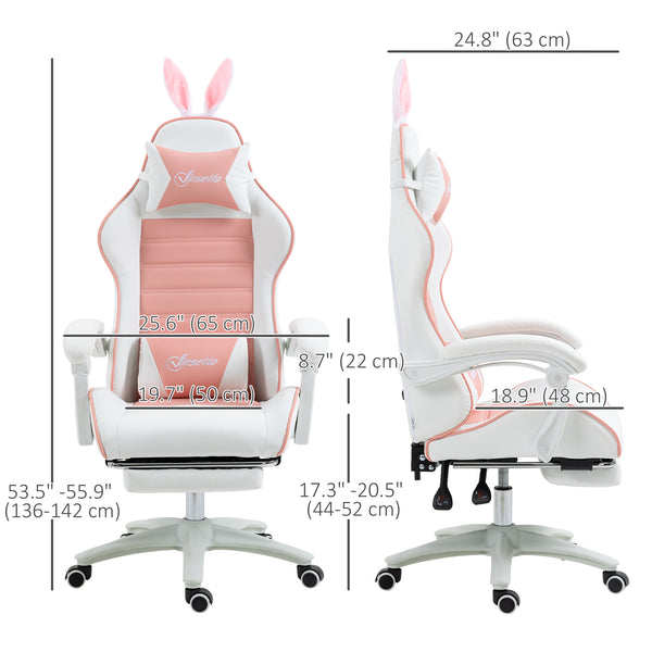 PU leather gaming chair with footrest, headrest and lumbar support, white and pink