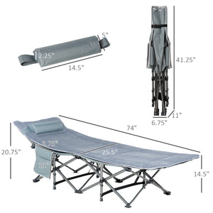 Folding camp bed with mattress and pillow, dark grey