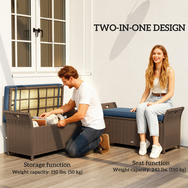 2-in-1 outdoor wicker storage bench with handles and cushion, navy blue