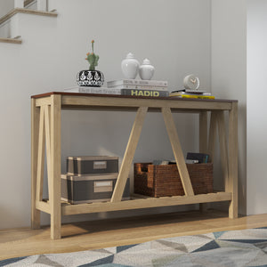 Narrow country-style console table with storage shelf, oak color