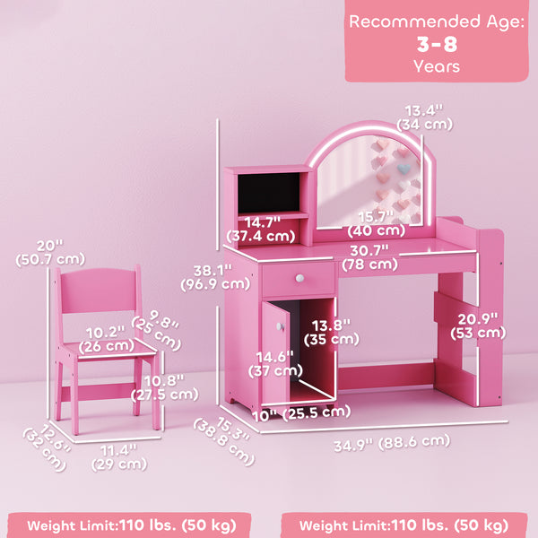 Dressing table and chair set with illuminated mirror, cabinet, drawer and shelves, pink