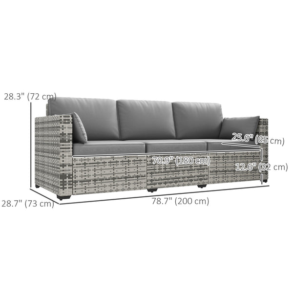 3-seater outdoor sofa in synthetic rattan with cushions, gray