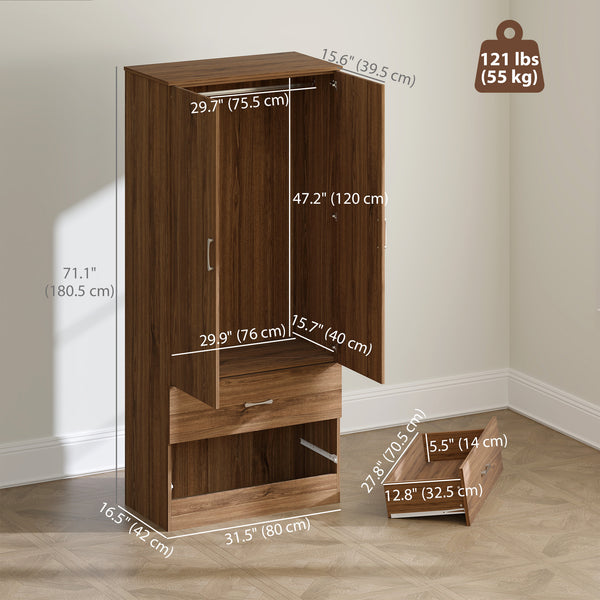 Wardrobe with hanging rod and 2 doors with 2 drawers, walnut