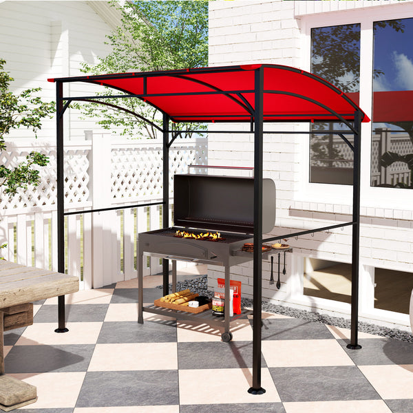 Barbecue shelter with steel frame and hooks, burgundy red