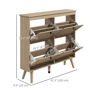 Hallway shoe cabinet with 4 drop-down drawers and adjustable shelves for 20 pairs of shoes, oak