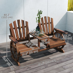 Two-seater outdoor wooden bench in the shape of a wagon wheel