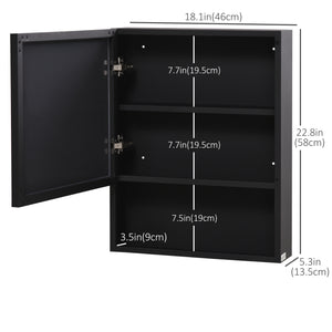 Wall-mounted mirror cabinet with single door, storage shelves and stainless steel frame, black