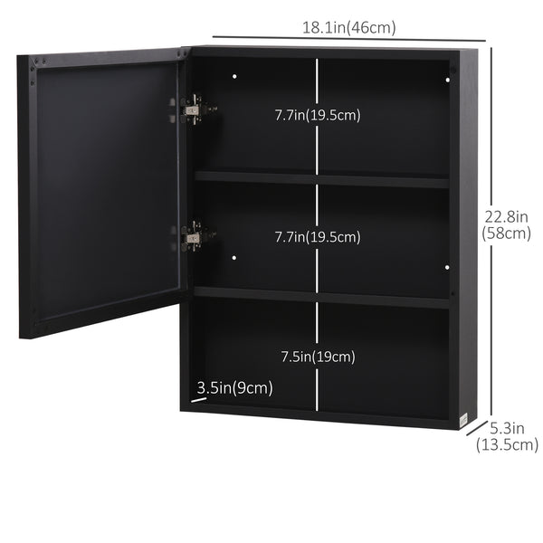 Wall-mounted mirror cabinet with single door, storage shelves and stainless steel frame, black