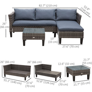 3-piece furniture set in woven resin, table with glass top, grey