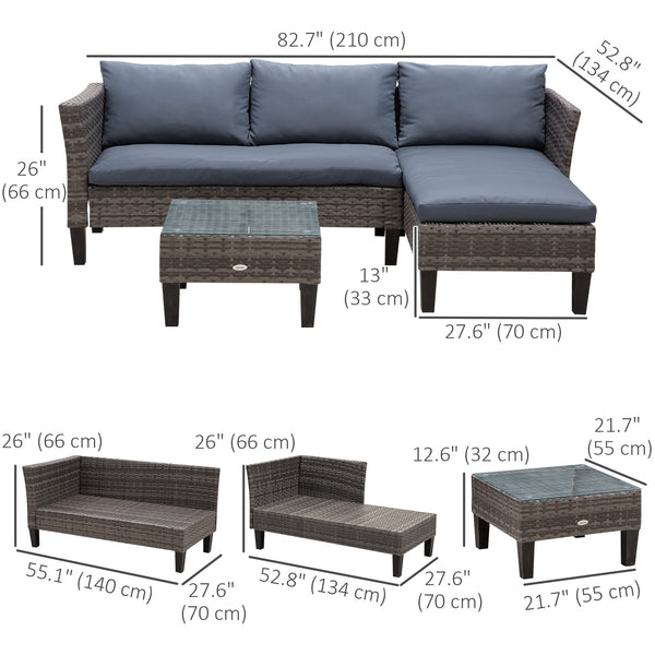 3-piece furniture set in woven resin, table with glass top, grey