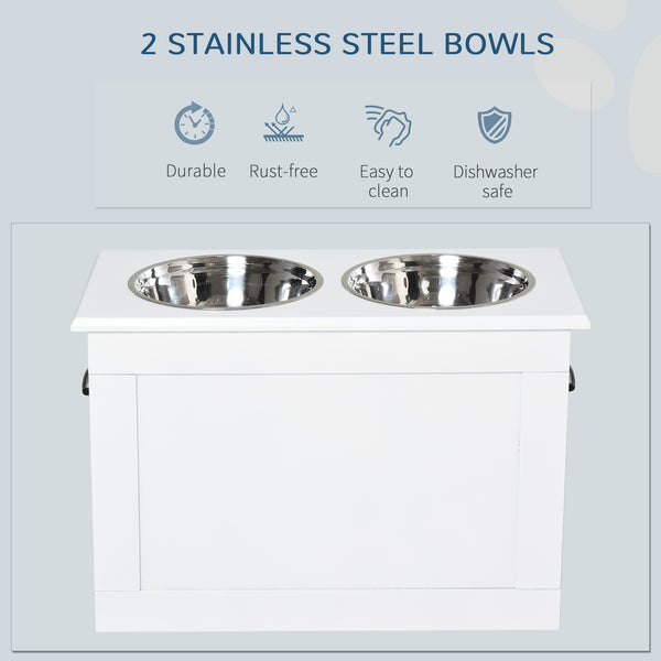 Raised bowls with storage, 2 stainless steel bowls, white