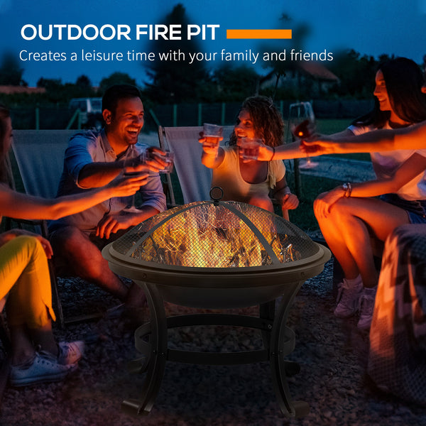 Outdoor Fire Pit with Mesh Cover, Poker, for Camping, Bonfire, Picnic, Black