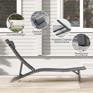 Set of 2 Outdoor Folding Lounge Chairs with Adjustable Backrest, Headrest and Mesh Seat for Beach and Pool, Grey