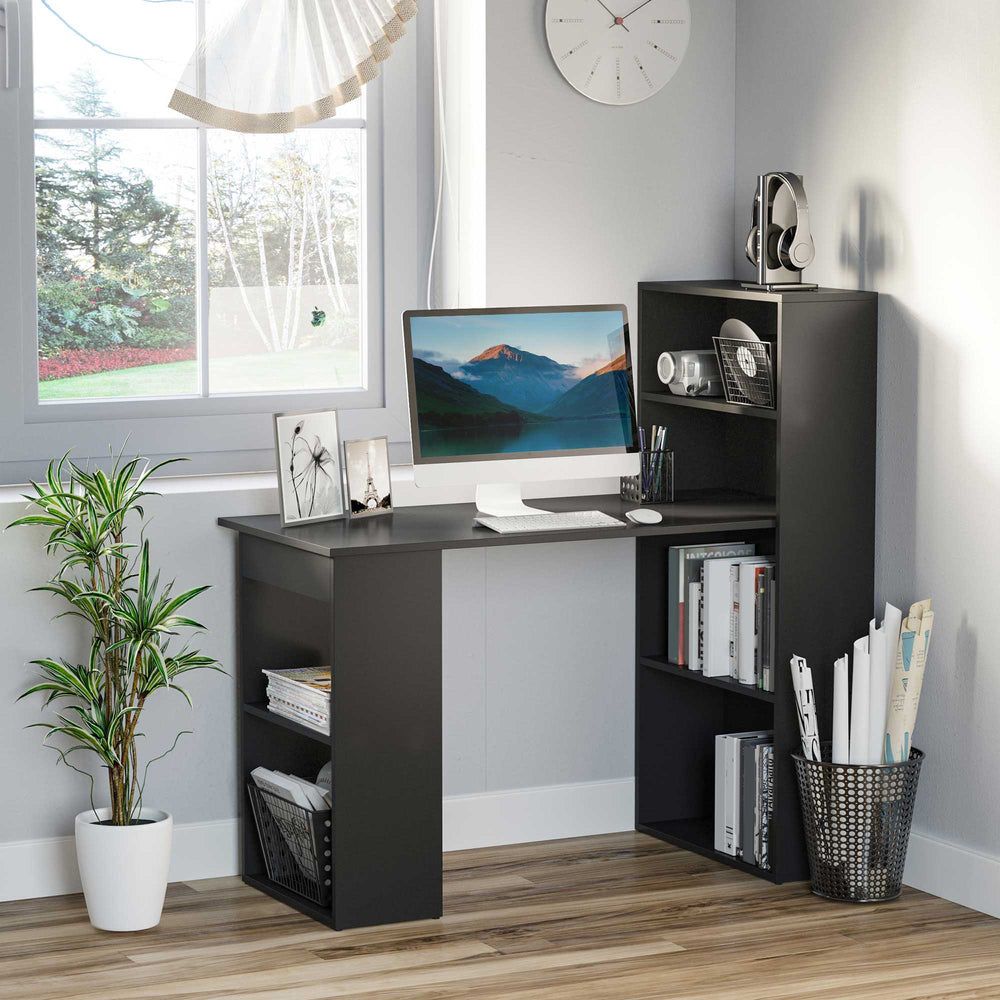 Modern Computer Desk with Storage Shelves and Writing Table, Black