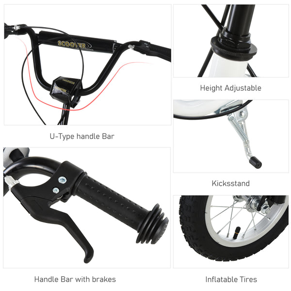 Scooter with inflatable tires and double brakes, white