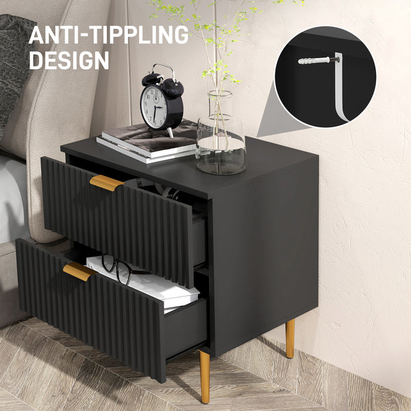 Modern bedside table with 2 fluted drawers and gold handles – Black