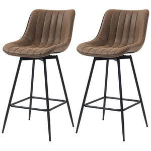 Set of 2 counter-height bar stools, upholstered in PU leather, with backrest, footrest and steel legs, brown
