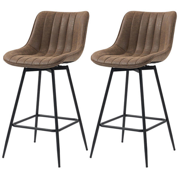 Set of 2 counter-height bar stools, upholstered in PU leather, with backrest, footrest and steel legs, brown